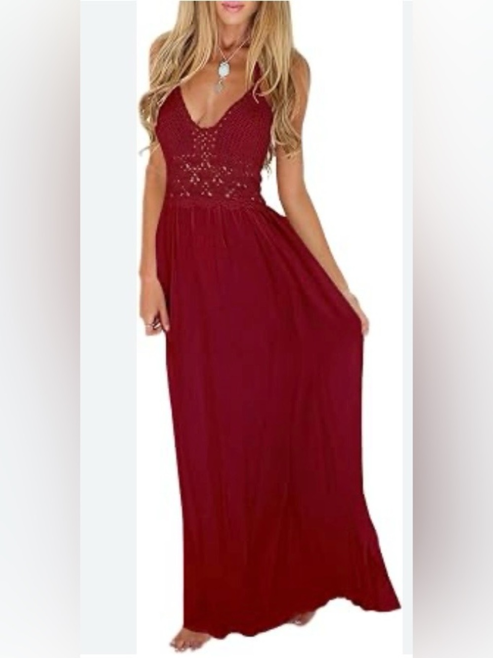 Women's Bohemian Burgundy Crochet Bodice Maxi Dress Open back